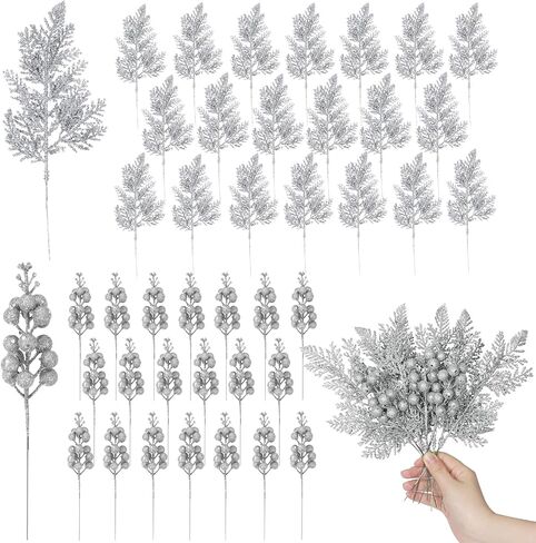 RECUTMS 40 Pcs Christmas Glitter Artificial Pine Needles and Christmas Glitter Berry Stems Floral Picks Branches Greenery Pine for DIY Christmas Garlands Tree Wreath Vase Decoration(White) in Saudi Arabia