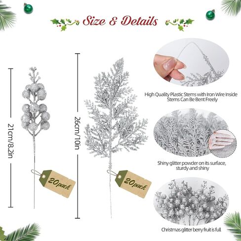 RECUTMS 40 Pcs Christmas Glitter Artificial Pine Needles and Christmas Glitter Berry Stems Floral Picks Branches Greenery Pine for DIY Christmas Garlands Tree Wreath Vase Decoration(White) in Saudi Arabia