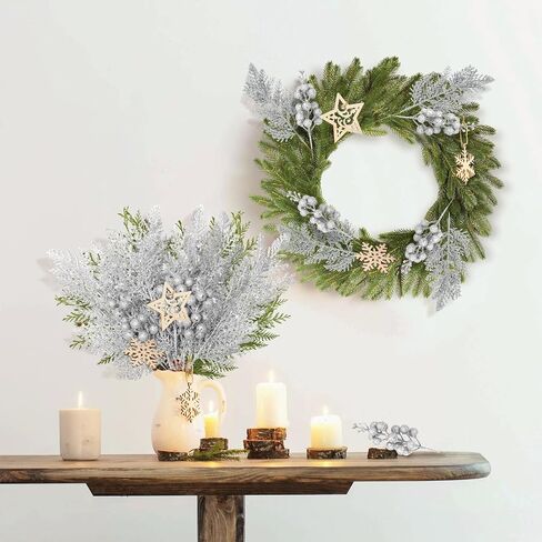 RECUTMS 40 Pcs Christmas Glitter Artificial Pine Needles and Christmas Glitter Berry Stems Floral Picks Branches Greenery Pine for DIY Christmas Garlands Tree Wreath Vase Decoration(White) in Saudi Arabia
