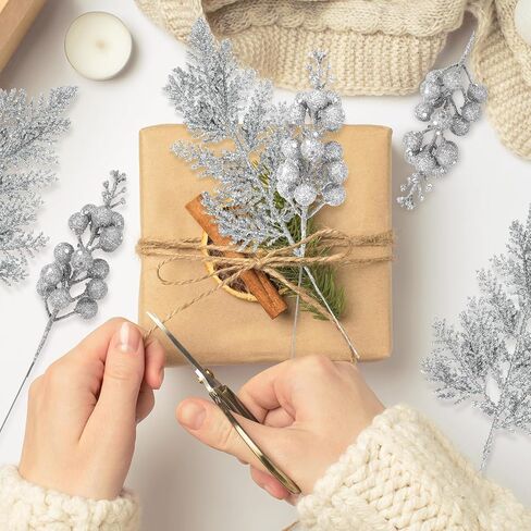 RECUTMS 40 Pcs Christmas Glitter Artificial Pine Needles and Christmas Glitter Berry Stems Floral Picks Branches Greenery Pine for DIY Christmas Garlands Tree Wreath Vase Decoration(White) in Saudi Arabia