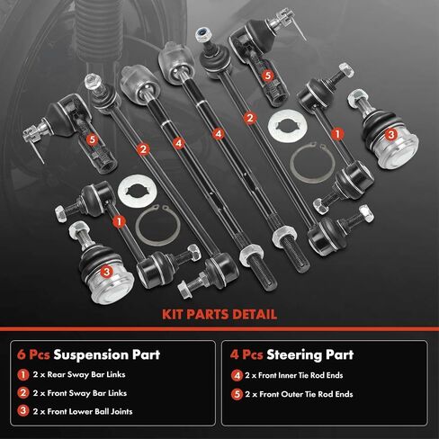 A-Premium Set of 10, Front Lower Ball Joint, Inner & Outer Tie Rod End, Front & Rear Sway Bar Link, Compatible with Hyundai Tiburon 2003-2008 in Saudi Arabia