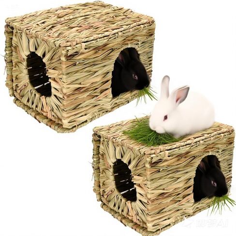 Grass House for Rabbits,Sangle Sopffy,Hand Woven Bunny Grass House,Rabbit Hideout,Natural Grass Hideaway for Bunny Guinea Pig Chinchilla Ferret Hamster Squirrel with Rabbit Chew Toys in Kuwait
