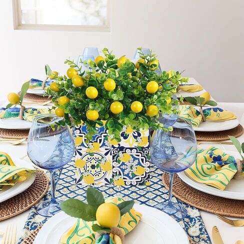 6 Sets Blue Tiles Lemon Table Centerpiece Decor Box and Artificial Lemon Branches Amalfi Coast Capri Positano Lemon Party Supplies for Capri Mediterranean Wedding Birthday Baby Shower Party Decor in Saudi Arabia