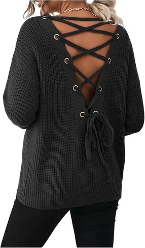 MakeMeChic Women's Lace Up Backless Sweater Long Sleeve V Neck Y2K Knitted Pullover Tops in Kuwait