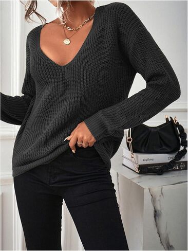 MakeMeChic Women's Lace Up Backless Sweater Long Sleeve V Neck Y2K Knitted Pullover Tops in Kuwait