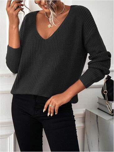 MakeMeChic Women's Lace Up Backless Sweater Long Sleeve V Neck Y2K Knitted Pullover Tops in Saudi Arabia