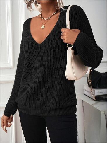MakeMeChic Women's Lace Up Backless Sweater Long Sleeve V Neck Y2K Knitted Pullover Tops in Saudi Arabia