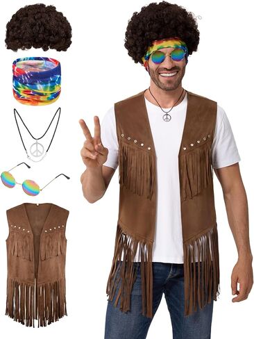 Spooktacular Creations 5 Pcs Halloween Men Hippie Vest Costume Set with Wig for Adult Halloween Costume Cosplay Party in Saudi Arabia
