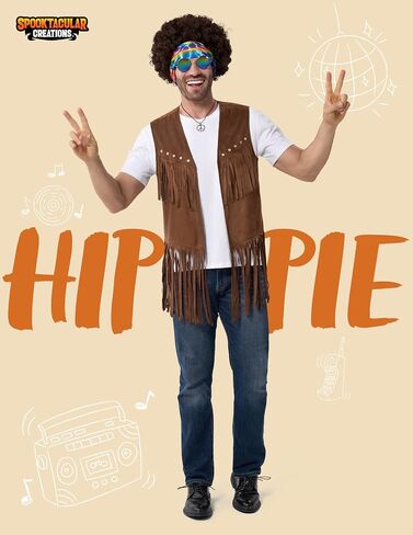 Spooktacular Creations 5 Pcs Halloween Men Hippie Vest Costume Set with Wig for Adult Halloween Costume Cosplay Party in Saudi Arabia