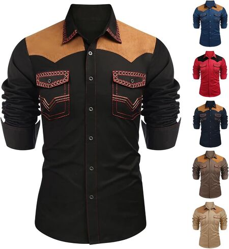 Long Sleeve Shirts for Men Western Embroidered Slim Fit Button Down Shackets Fall Casual Suede Hippie Jackets with Pockets in Saudi Arabia