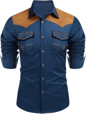 Long Sleeve Shirts for Men Western Embroidered Slim Fit Button Down Shackets Fall Casual Suede Hippie Jackets with Pockets in Saudi Arabia