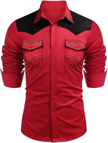 Long Sleeve Shirts for Men Western Embroidered Slim Fit Button Down Shackets Fall Casual Suede Hippie Jackets with Pockets in Saudi Arabia