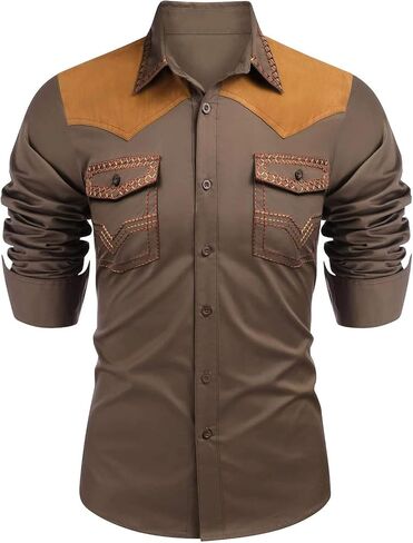 Long Sleeve Shirts for Men Western Embroidered Slim Fit Button Down Shackets Fall Casual Suede Hippie Jackets with Pockets in Saudi Arabia