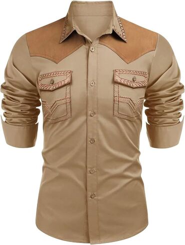 Long Sleeve Shirts for Men Western Embroidered Slim Fit Button Down Shackets Fall Casual Suede Hippie Jackets with Pockets in Saudi Arabia