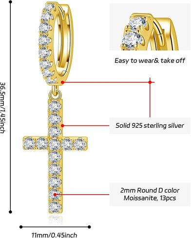 Moissanite Sterling Silver Cross Earrings for Women Huggie Drop Hypoallergenic Lightweight Earring Set in Saudi Arabia