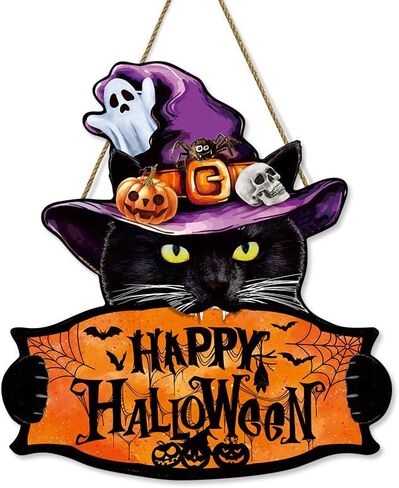 Halloween Welcome Sign Hanging Wood Decor- Halloween Door Sign with Black Cat, Witch Hat, Ghost and Pumpkins, Indoor Outdoor Hanging Decor for Holiday Welcome in Saudi Arabia