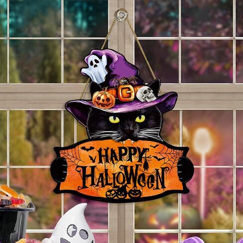 Halloween Welcome Sign Hanging Wood Decor- Halloween Door Sign with Black Cat, Witch Hat, Ghost and Pumpkins, Indoor Outdoor Hanging Decor for Holiday Welcome in Saudi Arabia