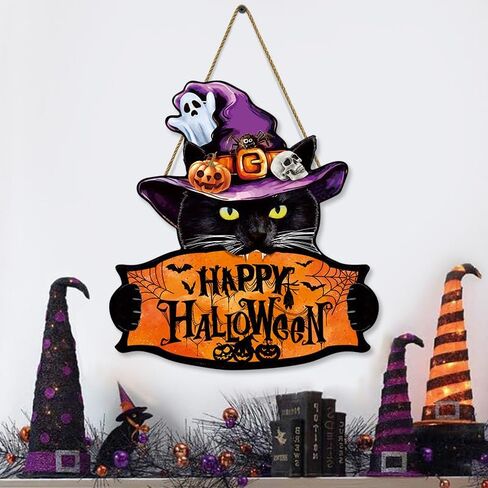 Halloween Welcome Sign Hanging Wood Decor- Halloween Door Sign with Black Cat, Witch Hat, Ghost and Pumpkins, Indoor Outdoor Hanging Decor for Holiday Welcome in Saudi Arabia