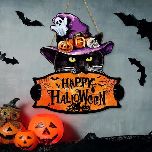 Halloween Welcome Sign Hanging Wood Decor- Halloween Door Sign with Black Cat, Witch Hat, Ghost and Pumpkins, Indoor Outdoor Hanging Decor for Holiday Welcome in Saudi Arabia