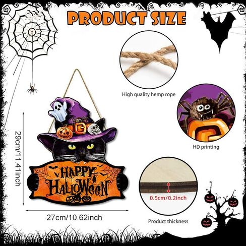 Halloween Welcome Sign Hanging Wood Decor- Halloween Door Sign with Black Cat, Witch Hat, Ghost and Pumpkins, Indoor Outdoor Hanging Decor for Holiday Welcome in Saudi Arabia