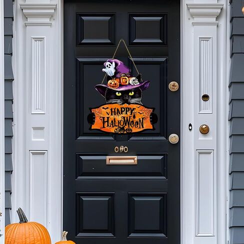 Halloween Welcome Sign Hanging Wood Decor- Halloween Door Sign with Black Cat, Witch Hat, Ghost and Pumpkins, Indoor Outdoor Hanging Decor for Holiday Welcome in Saudi Arabia