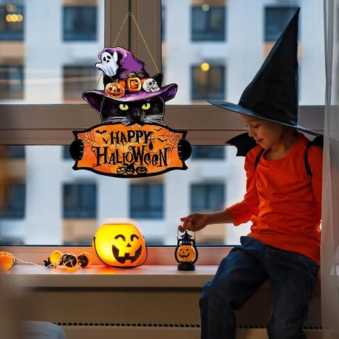 Halloween Welcome Sign Hanging Wood Decor- Halloween Door Sign with Black Cat, Witch Hat, Ghost and Pumpkins, Indoor Outdoor Hanging Decor for Holiday Welcome in Saudi Arabia
