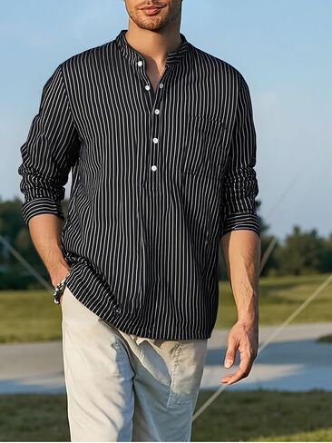 Men's Stand Collar Long-Sleeve Button-Down Casual Striped Shirt, Four-Season Long Sleeve, Lightweight Outerwear in Saudi Arabia
