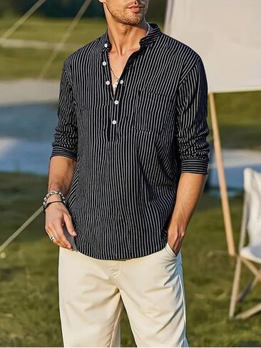 Men's Stand Collar Long-Sleeve Button-Down Casual Striped Shirt, Four-Season Long Sleeve, Lightweight Outerwear in Saudi Arabia