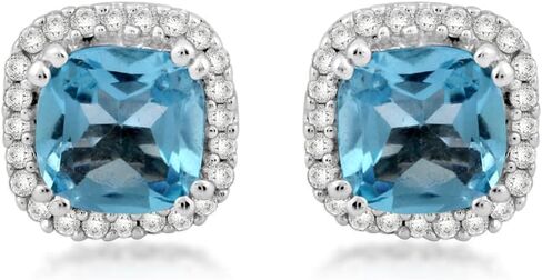 Jewelili 10K White Gold 5MM Cushion Cut Gemstone and 1/10 Cttw Round Natural White Diamonds Stud Earrings in Saudi Arabia