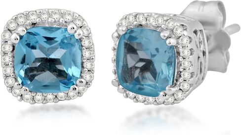 Jewelili 10K White Gold 5MM Cushion Cut Gemstone and 1/10 Cttw Round Natural White Diamonds Stud Earrings in Saudi Arabia