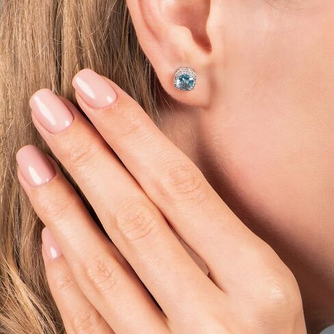 Jewelili 10K White Gold 5MM Cushion Cut Gemstone and 1/10 Cttw Round Natural White Diamonds Stud Earrings in Saudi Arabia