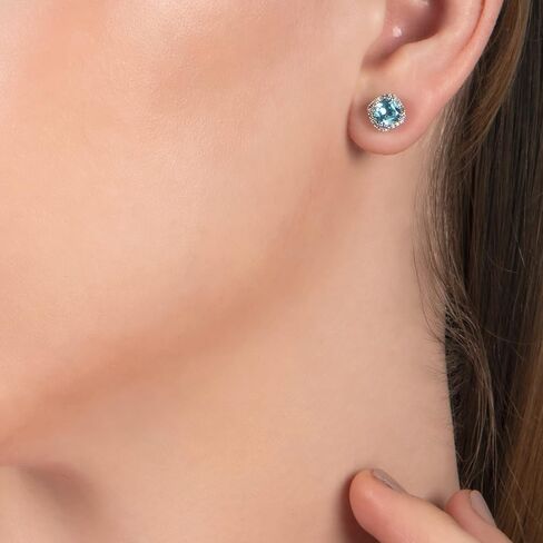 Jewelili 10K White Gold 5MM Cushion Cut Gemstone and 1/10 Cttw Round Natural White Diamonds Stud Earrings in Saudi Arabia