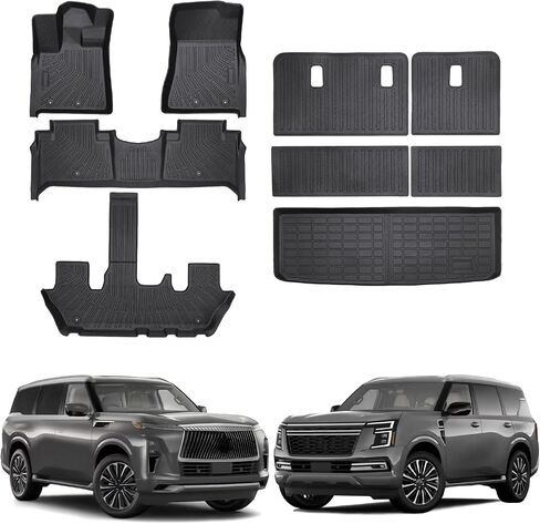 متوافق مع سجادات أرضية Nissan Armada/Infiniti QX80 2025 2026 (7 مقاعد) وبطانة الحمولة، حماية من جميع الأحوال الجوية، مقاومة للماء، بطانة أرضية TPE مضادة للانزلاق وملحقات سجادة صندوق السيارة in Kuwait