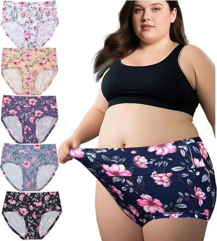 Women's Plus Size XL-5XL Underwear High Waist Briefs Panties Rose Floral Print Ladies Undies 5-Pack in Saudi Arabia