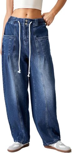 Women Wide Leg Baggy Jeans Elastic Waisted Drawstring Loose Fit Barrel Denim Pants with Pockets in Saudi Arabia