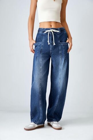 Women Wide Leg Baggy Jeans Elastic Waisted Drawstring Loose Fit Barrel Denim Pants with Pockets in Saudi Arabia