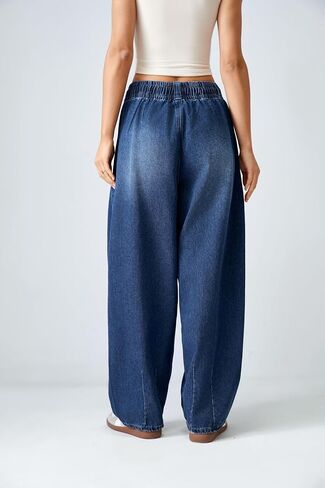 Women Wide Leg Baggy Jeans Elastic Waisted Drawstring Loose Fit Barrel Denim Pants with Pockets in Saudi Arabia