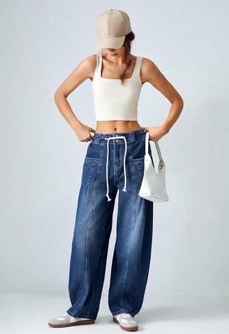 Women Wide Leg Baggy Jeans Elastic Waisted Drawstring Loose Fit Barrel Denim Pants with Pockets in Saudi Arabia