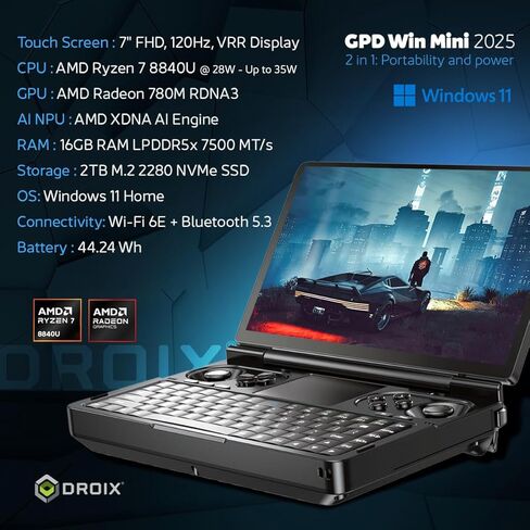 GPD Win Mini 2024 Handheld Gaming PC, AMD Ryzen 7 8840U, 8C/16T up to 5.1GHz, Radeon 780M GPU, 32GB LPDDR5 RAM, 1TB NVMe SSD, 7" 1080p 120Hz Touchscreen, Wi-Fi 6 in Kuwait