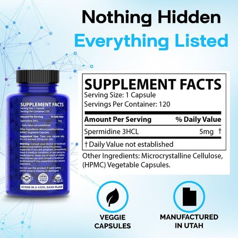 Ultimate Spermidine Supplements for Men and Women, 100x Formula, Longevity Supplements Support, 10 mg Per Capsule, 3rd Party Tested, Vegan, 120 Servings in Saudi Arabia