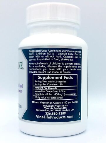 بذور العنب والجلد من VineLife Muscadine 650 مجم - 60 كبسولة نباتية - طعام فائق مضاد للأكسدة - 1300 مجم لكل وجبة - ريسفيراترول طبيعي in Saudi Arabia