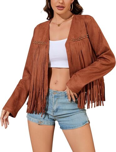 Leather Jacket Women Oversized Fringe Cropped Faux Suede Long Sleeve Western Cowgirl Motorcycle Coat with Pockets in Kuwait