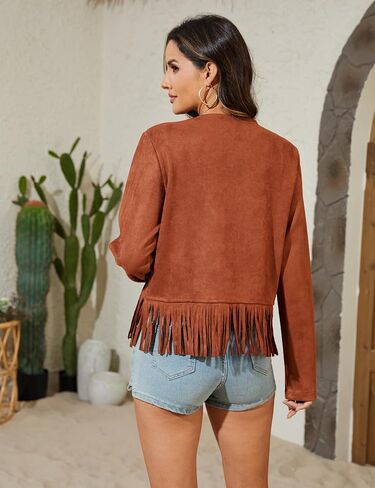 Leather Jacket Women Oversized Fringe Cropped Faux Suede Long Sleeve Western Cowgirl Motorcycle Coat with Pockets in Kuwait