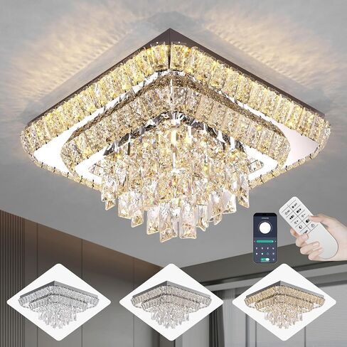 مصباح سقف كريستالي LED أنيق على شكل قطرة مطر، ثريا مربعة الشكل مقاس 24 بوصة مع جهاز تحكم عن بعد لغرفة المعيشة والمطبخ وغرفة النوم والممر والبهو (قابل للتعتيم) in Saudi Arabia