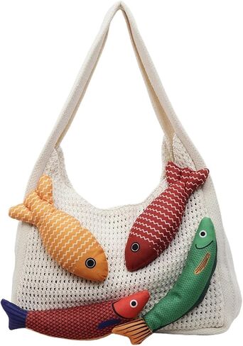 3D Fish Knitted Fringe Tote Bag, Large Capacity Shoulder Bag Beach Purse Hobo Vacation Handbag for Women in Saudi Arabia