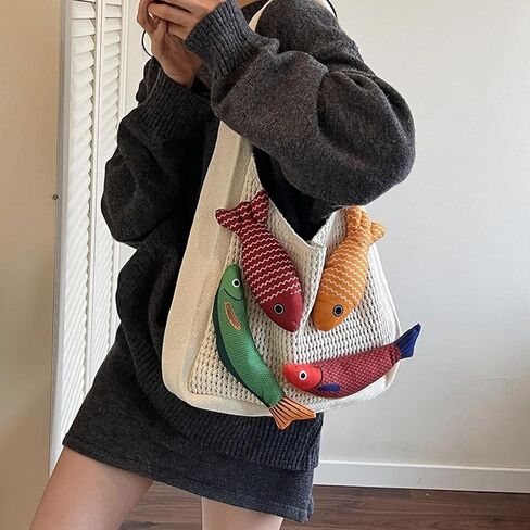 3D Fish Knitted Fringe Tote Bag, Large Capacity Shoulder Bag Beach Purse Hobo Vacation Handbag for Women in Saudi Arabia