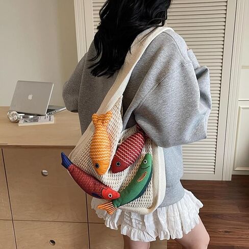 3D Fish Knitted Fringe Tote Bag, Large Capacity Shoulder Bag Beach Purse Hobo Vacation Handbag for Women in Saudi Arabia
