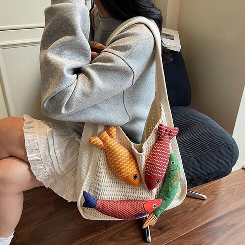 3D Fish Knitted Fringe Tote Bag, Large Capacity Shoulder Bag Beach Purse Hobo Vacation Handbag for Women in Saudi Arabia