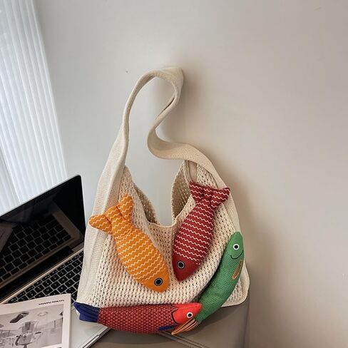 3D Fish Knitted Fringe Tote Bag, Large Capacity Shoulder Bag Beach Purse Hobo Vacation Handbag for Women in Saudi Arabia
