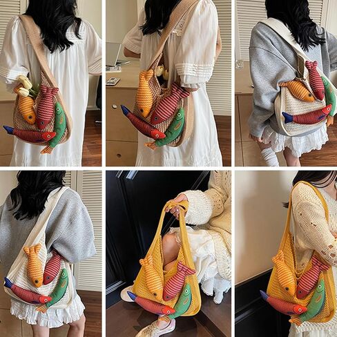 3D Fish Knitted Fringe Tote Bag, Large Capacity Shoulder Bag Beach Purse Hobo Vacation Handbag for Women in Saudi Arabia